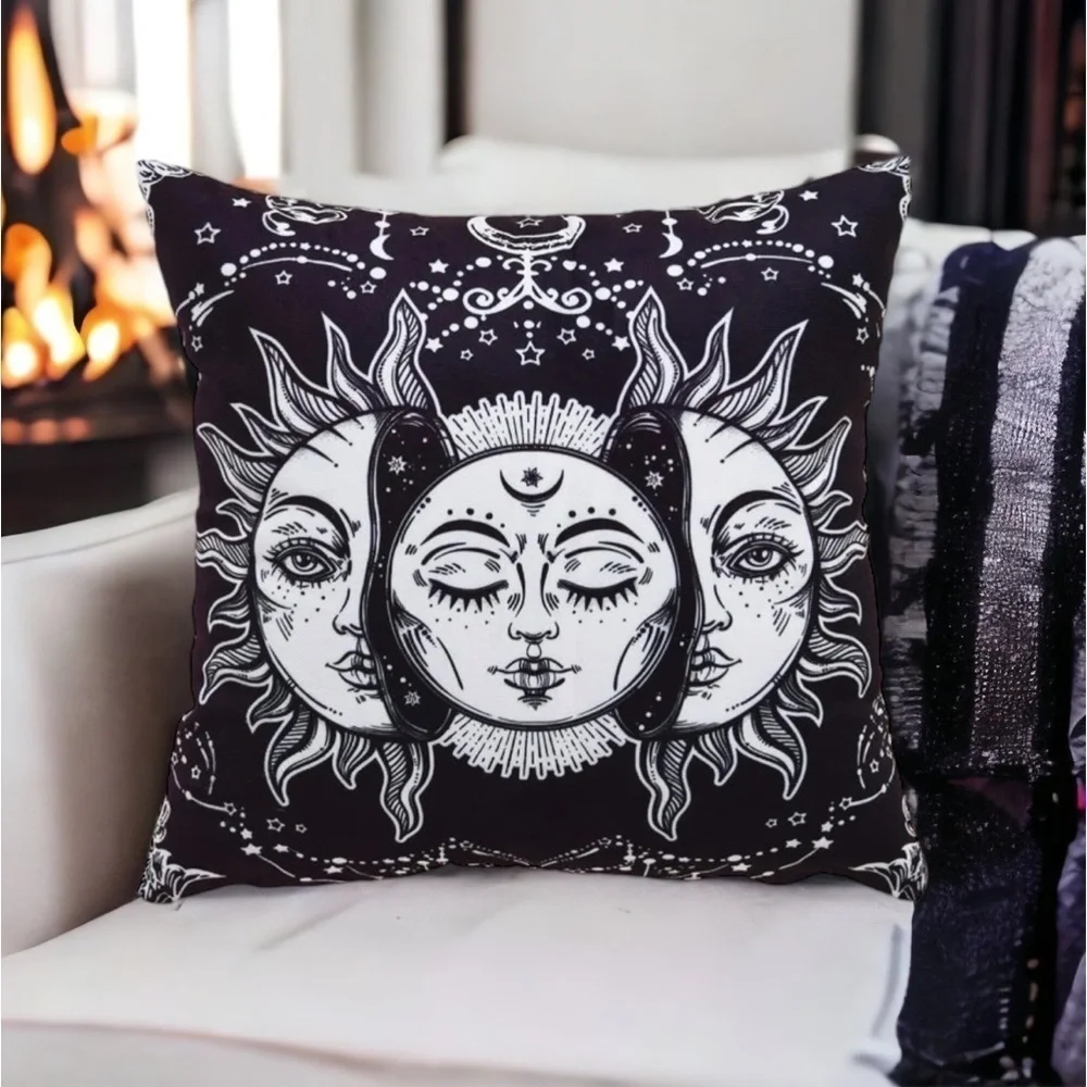 Pillow Cover Sun Moon Celestial Mystical Zippered Large Black White 17.7 in